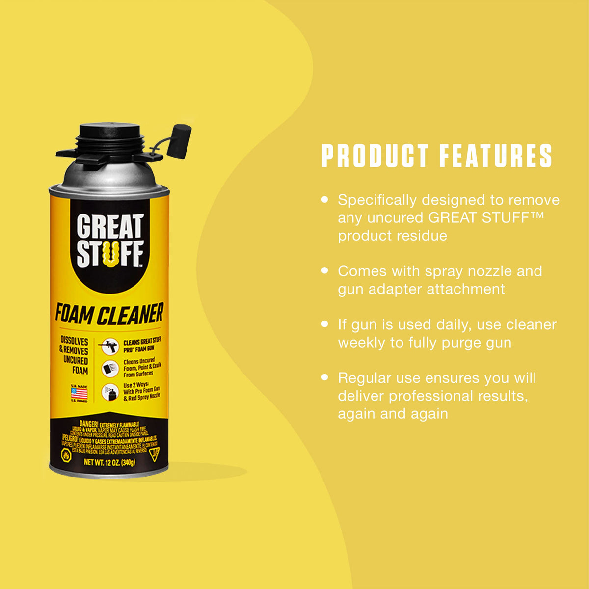 Great Stuff foam cleaner spraying onto uncured foam to quickly dissolve residue and aid cleanup