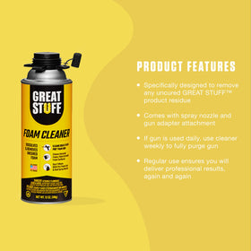 Great Stuff foam cleaner spraying onto uncured foam to quickly dissolve residue and aid cleanup