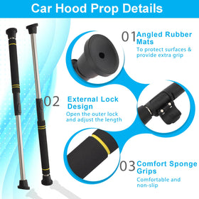 Greeily fully extended rod supporting engine hood for stable hands-free access
