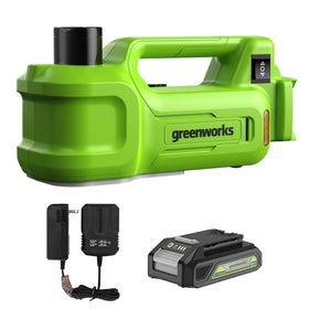 Greenworks front view of cordless car jack showing compact design and quick setup benefit