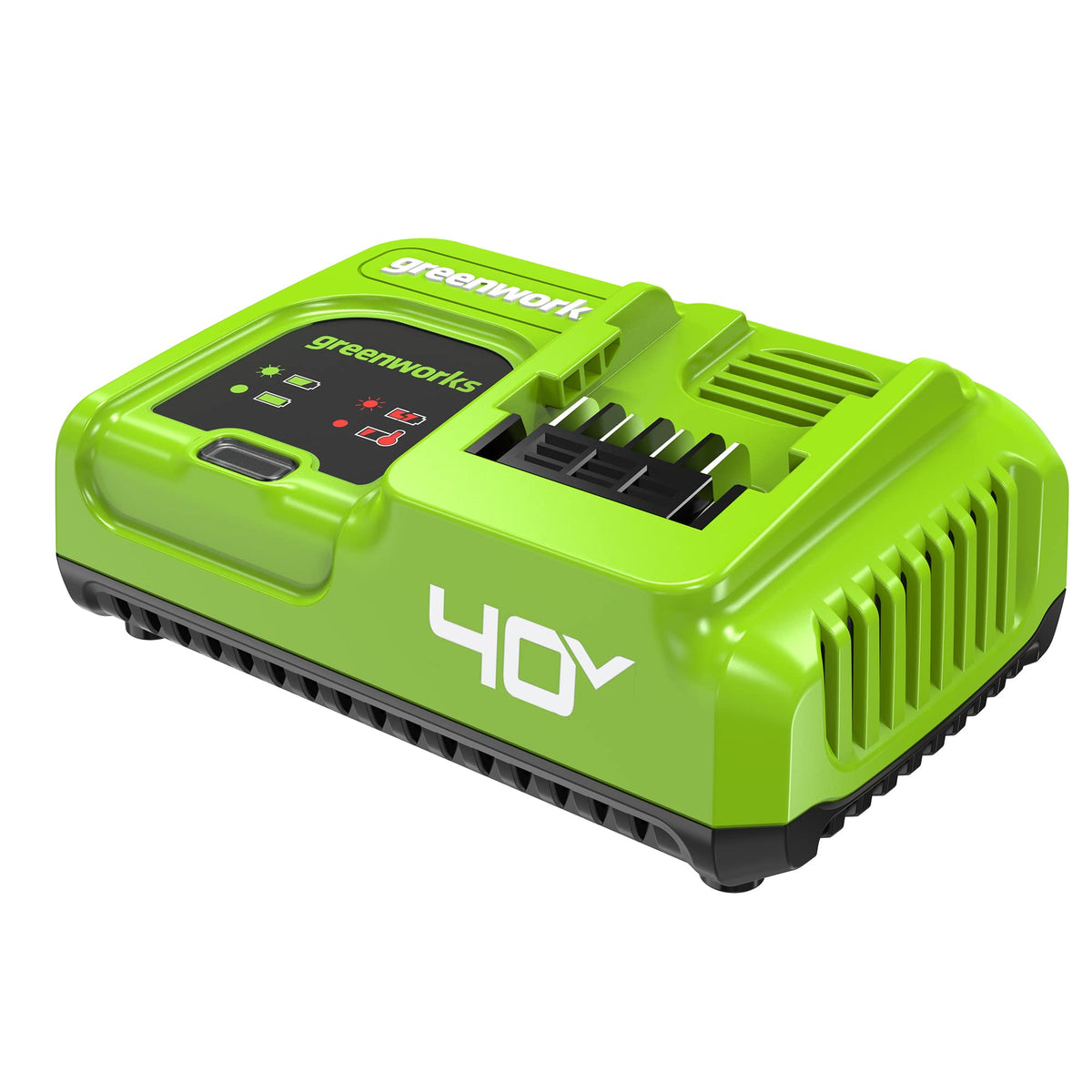 Greenworks 40V 5A charger front view showing compact design and fast charging