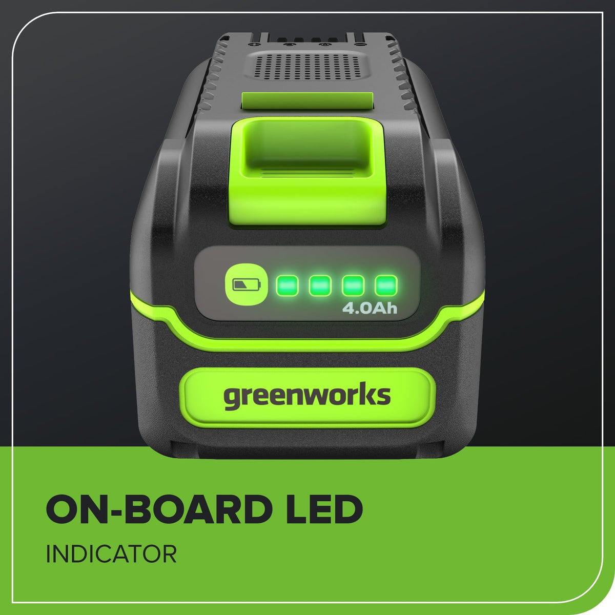 Greenworks battery beside a ruler showing compact size and portability