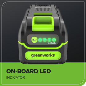 Greenworks battery beside a ruler showing compact size and portability