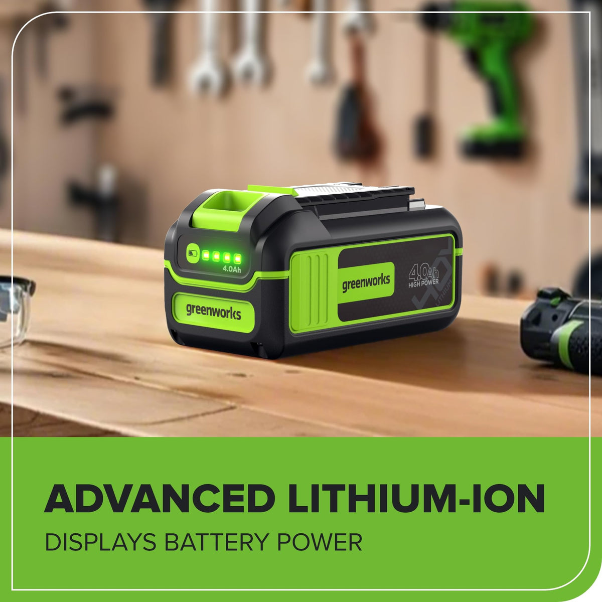 Greenworks battery connected to blower delivering steady runtime benefit