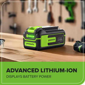 Greenworks battery connected to blower delivering steady runtime benefit