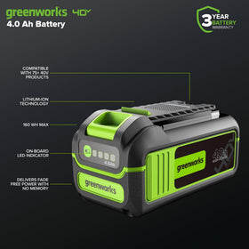 Greenworks LED indicator closeup showing charge level at a glance