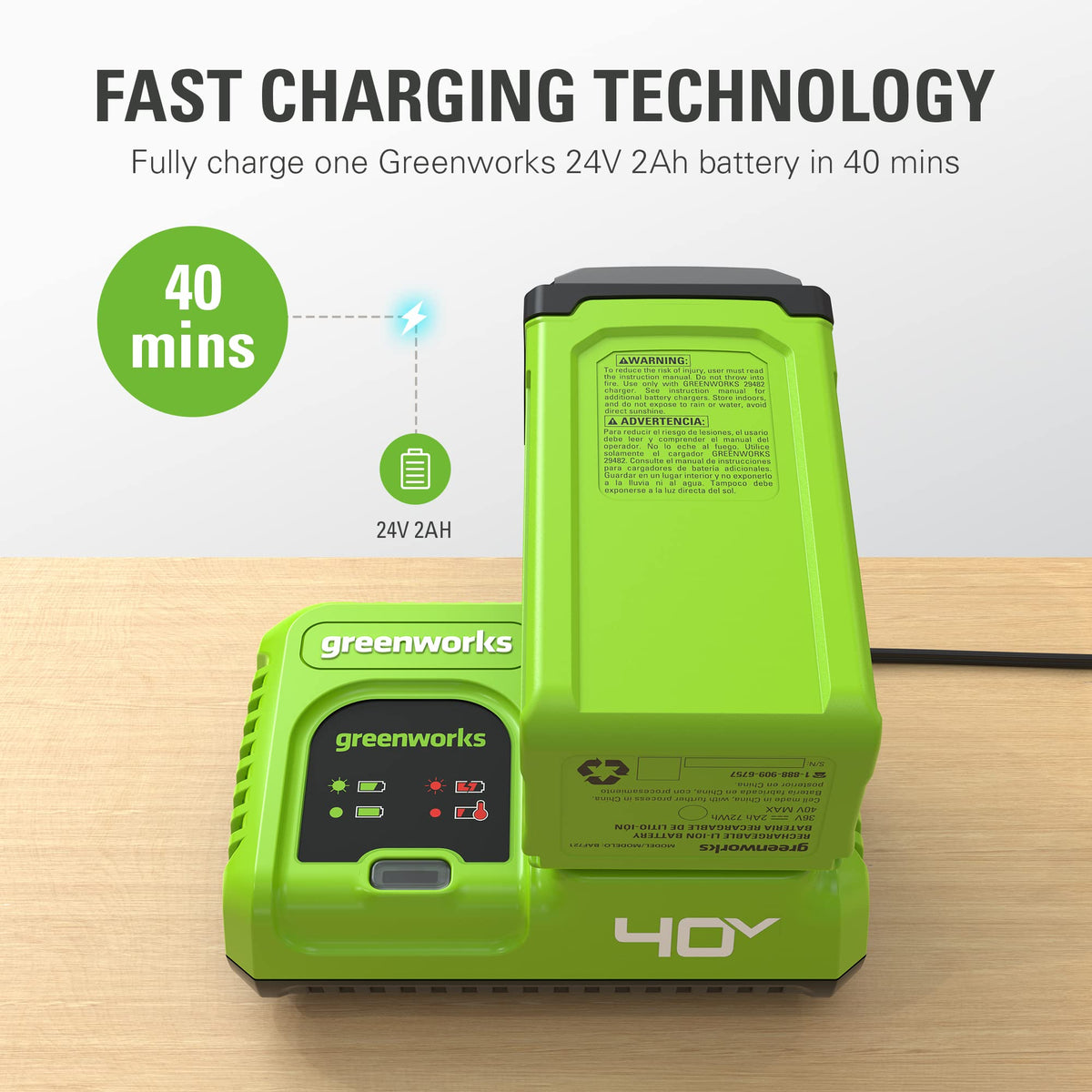 Greenworks charger with battery docked demonstrating quick tool turnaround