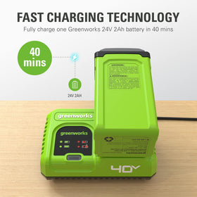 Greenworks charger with battery docked demonstrating quick tool turnaround