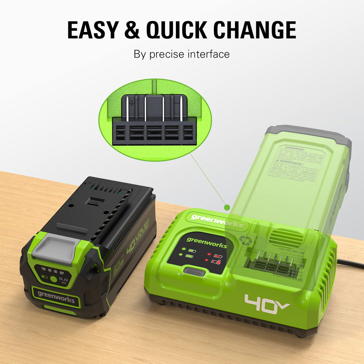 Greenworks charger cord and plug detail for secure electrical connection