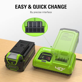 Greenworks charger cord and plug detail for secure electrical connection