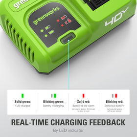 Greenworks charger mounted on wall offering tidy storage and accessibility
