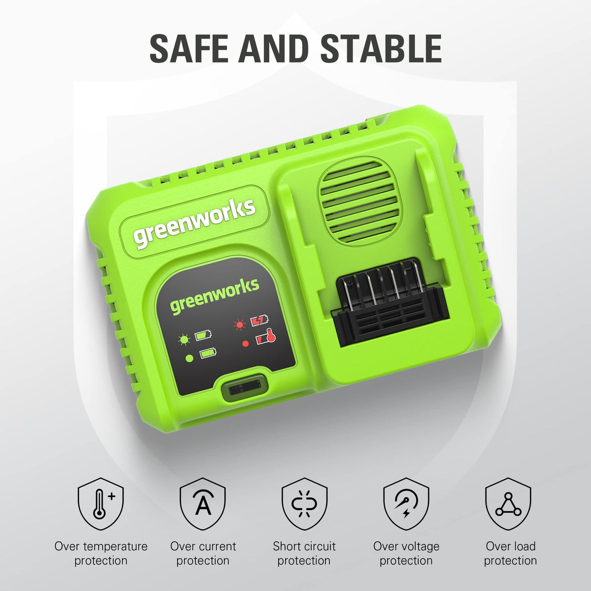 Greenworks charger side profile with vents illustrating safe heat management