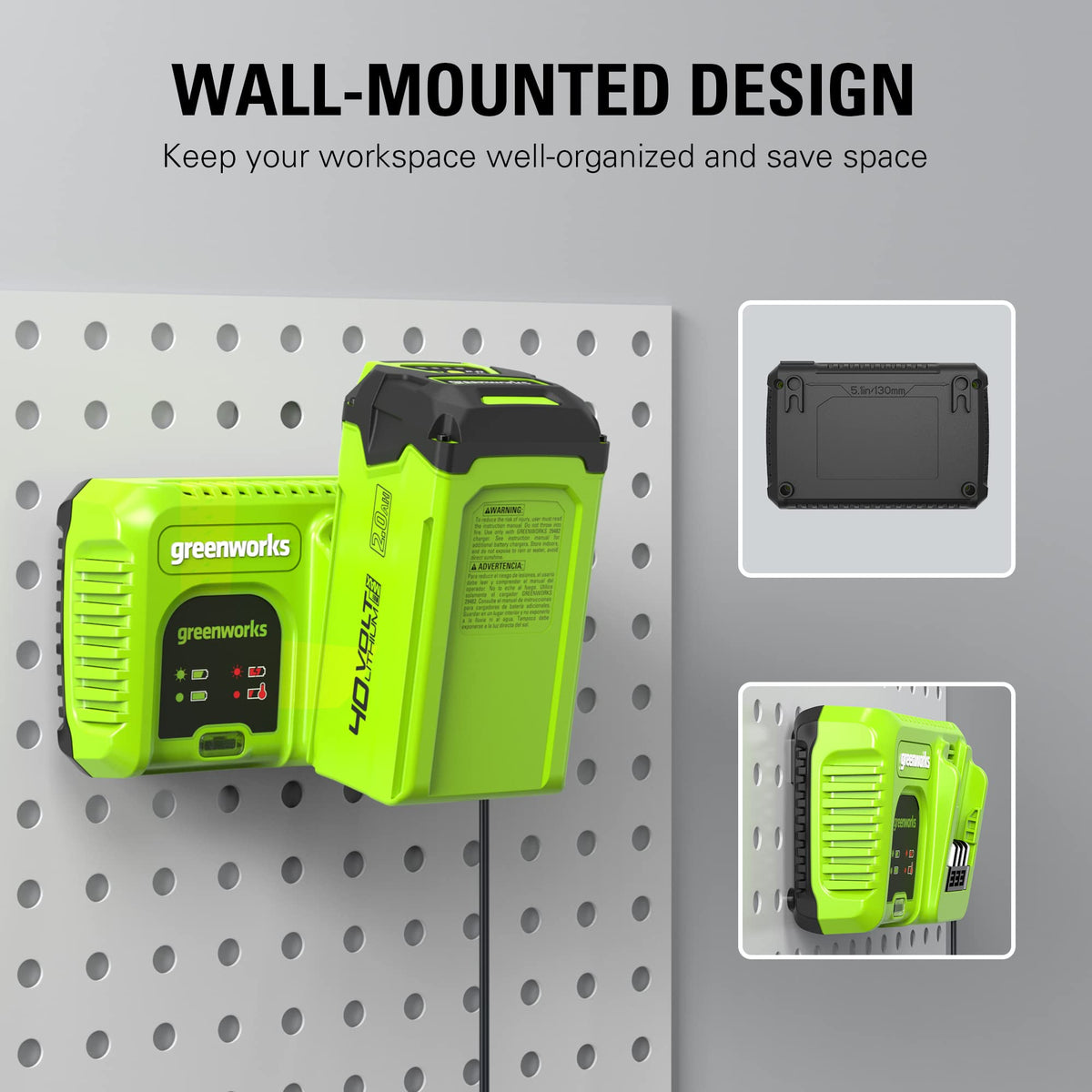Greenworks charger held in hand showing compact size and space-saving design