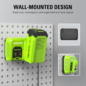 Greenworks charger held in hand showing compact size and space-saving design