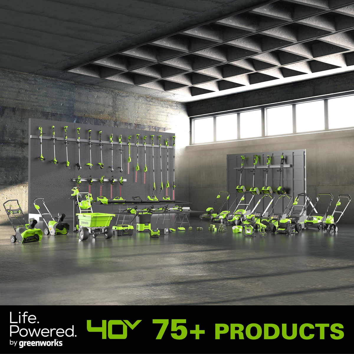 Greenworks charger beside garden tools showing ready-to-use battery benefits