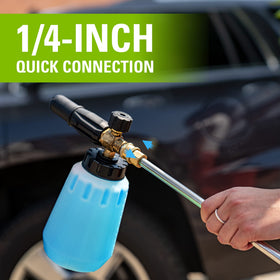 Greenworks foam cannon applied to truck producing thick suds for safer washing