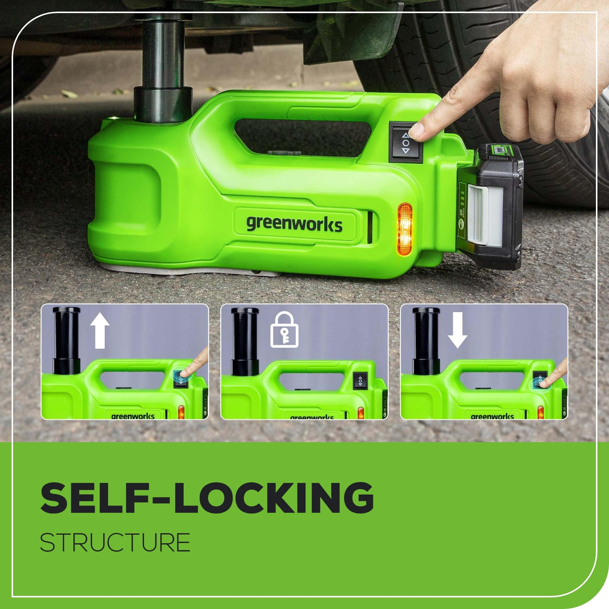 Greenworks compact jack stored inside a car trunk illustrating easy transport and storage