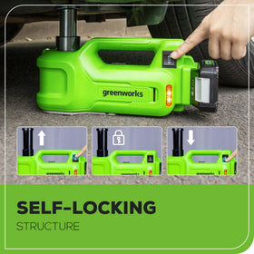 Greenworks compact jack stored inside a car trunk illustrating easy transport and storage