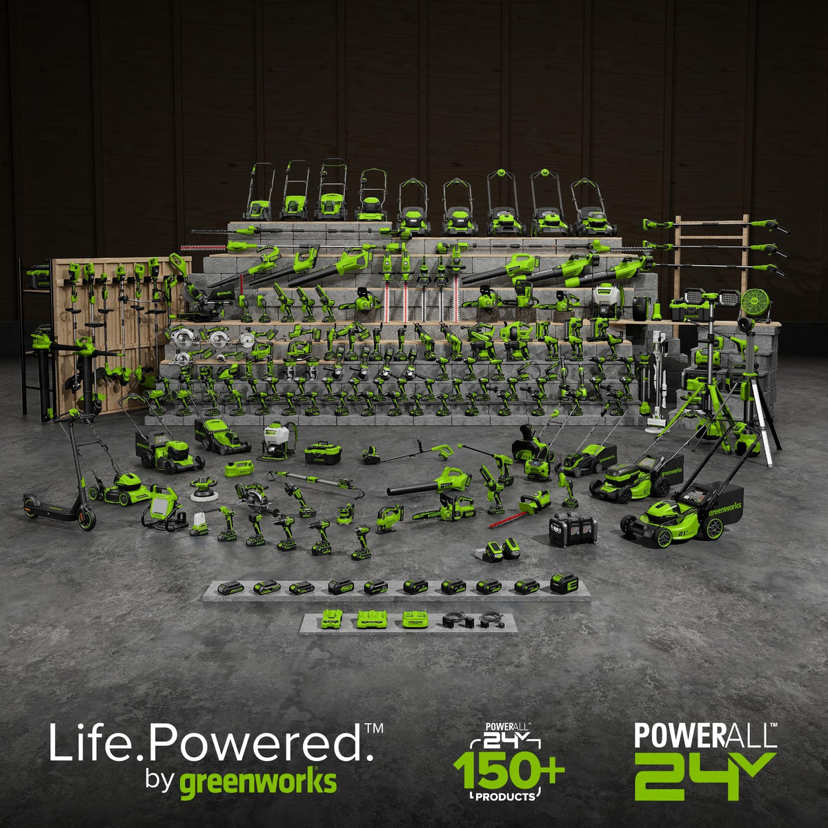 Greenworks lifestyle image at night with jack in use showing visibility and emergency readiness