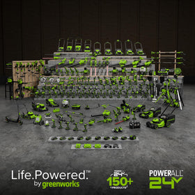Greenworks lifestyle image at night with jack in use showing visibility and emergency readiness