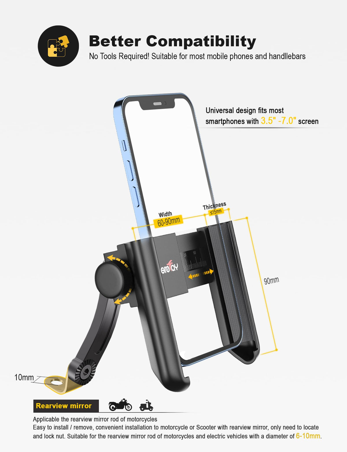 Grefay phone mount attached to a motorcycle mirror offering stable support
