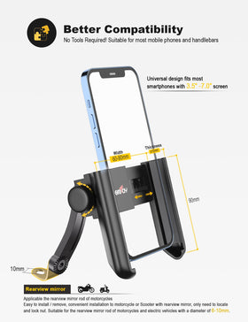 Grefay phone mount attached to a motorcycle mirror offering stable support