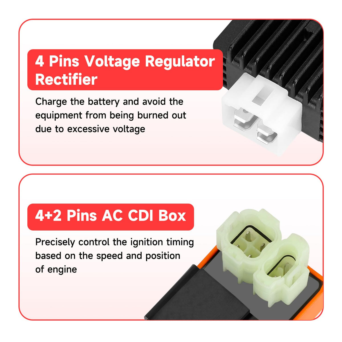 GREHUA 4-pin voltage regulator rectifier label showing heat fins and battery protection