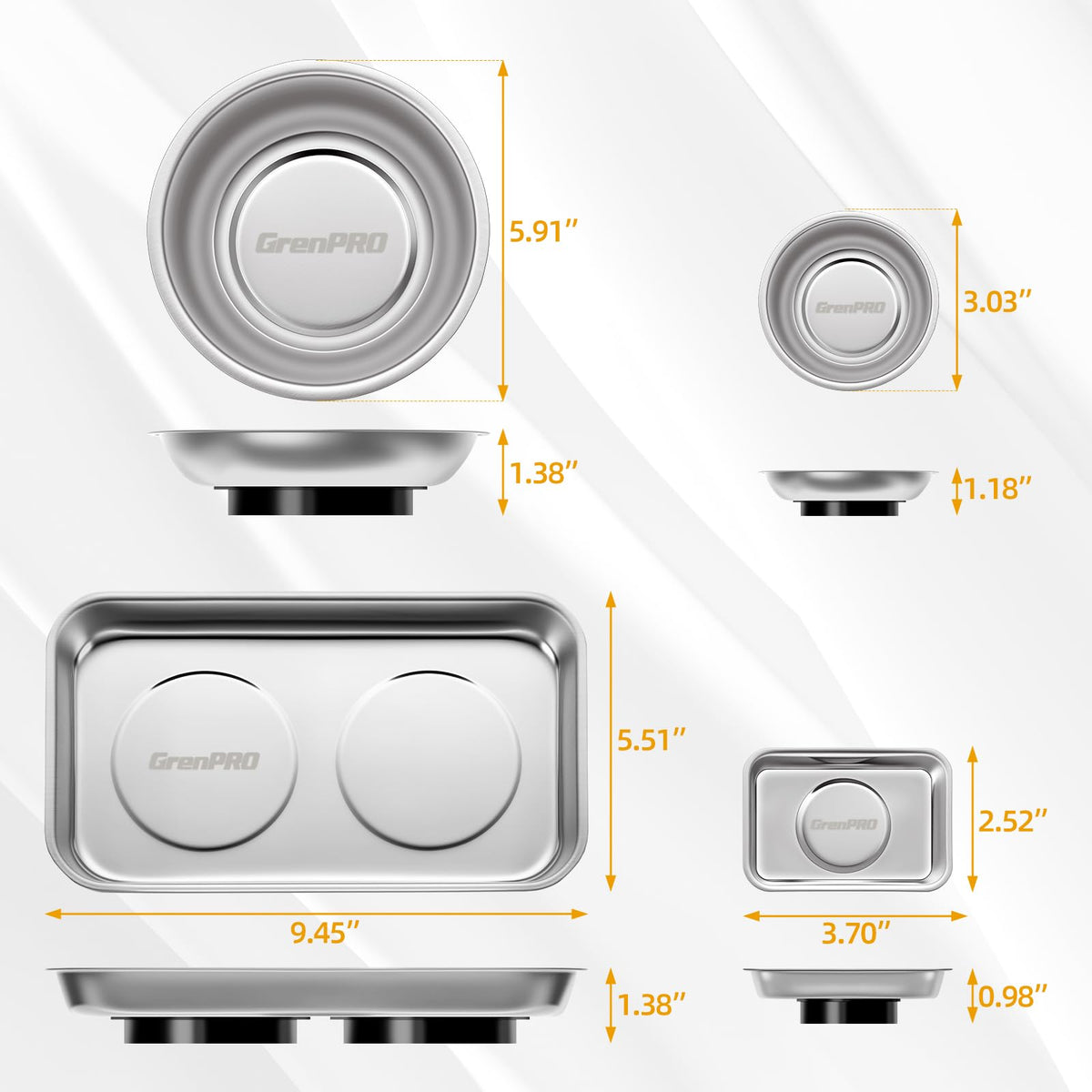 GRENPRO 3.03 and 5.91 inch round trays showing capacity and organization