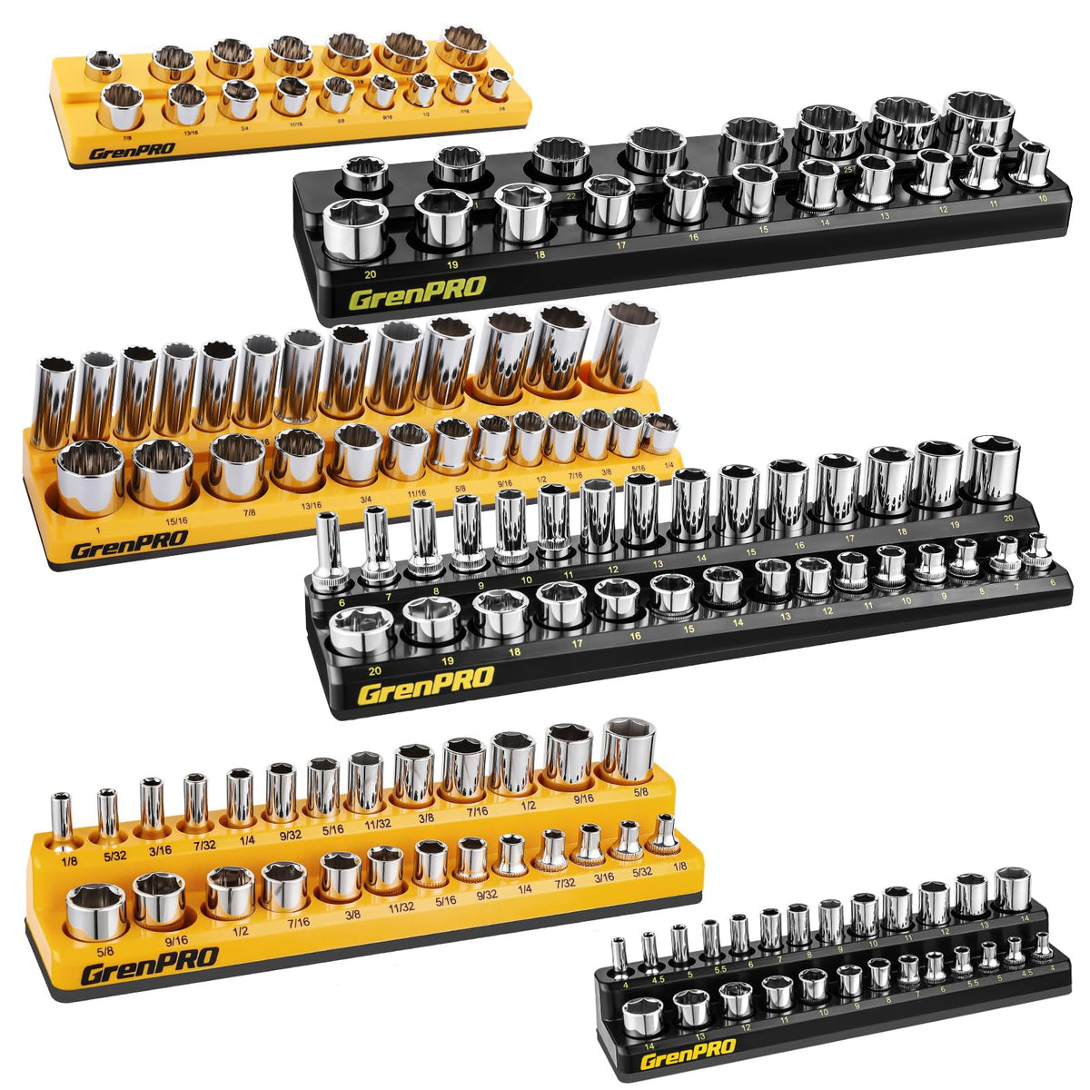 GRENPRO front view showing all six color-coded trays for quick sorting