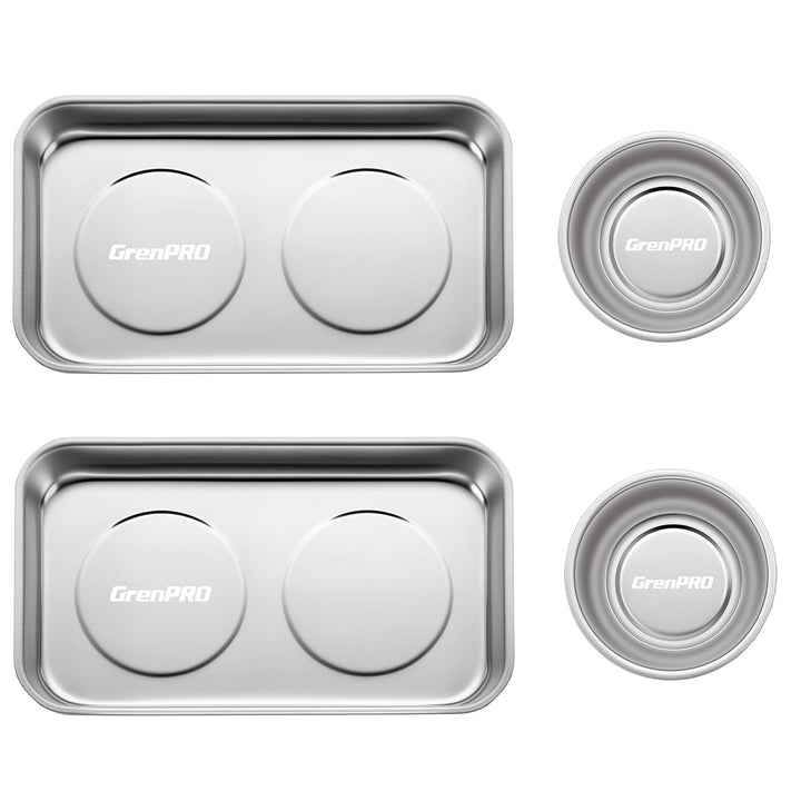 GRENPRO front view of 2 round and 2 rectangle trays showing organized storage benefit