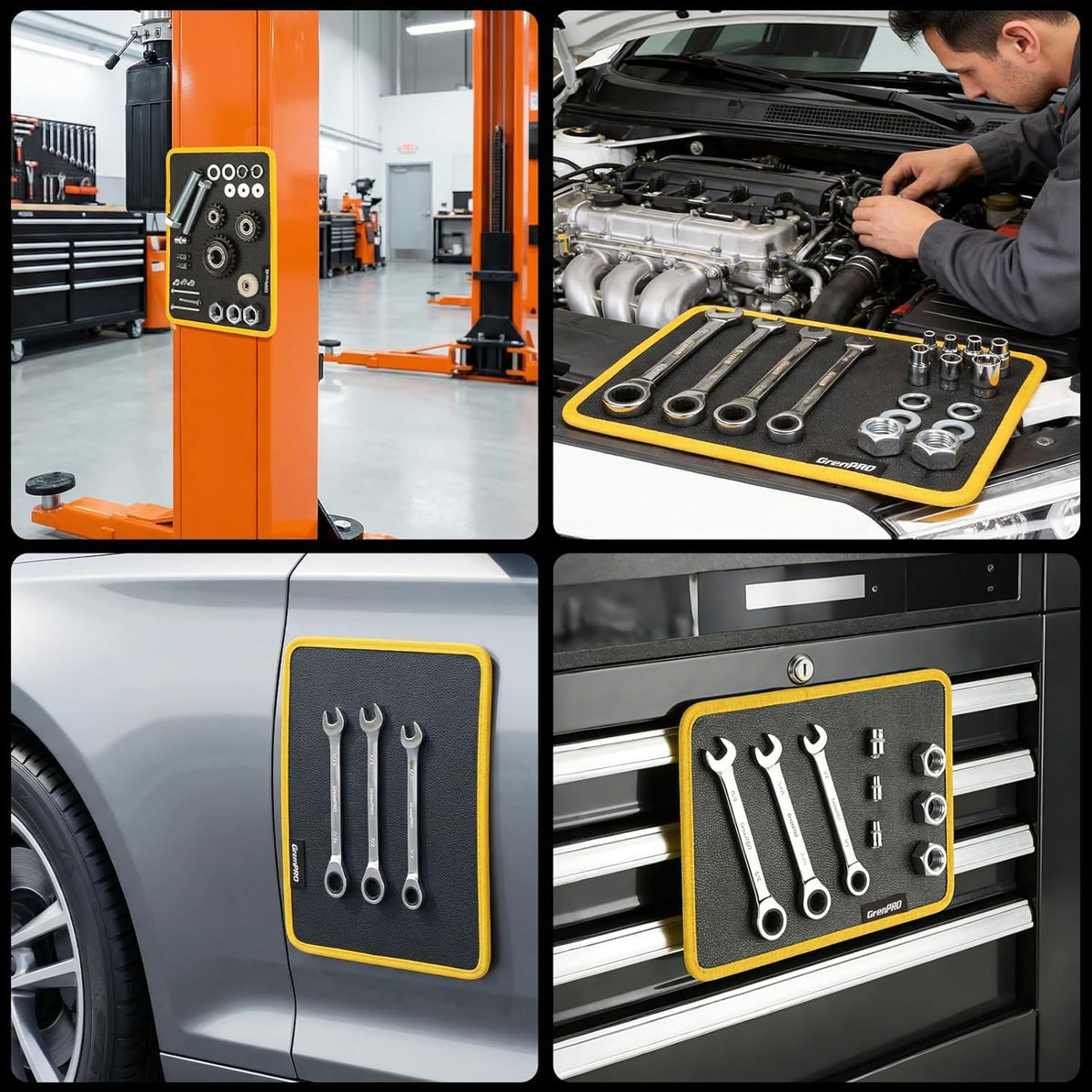 GRENPRO mat placed on car hood keeping hardware secure during repair