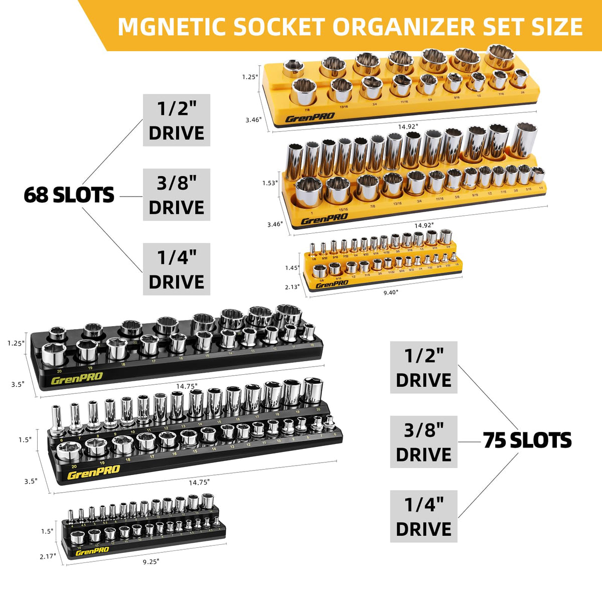 GRENPRO trays loaded with sockets demonstrating organized storage capacity