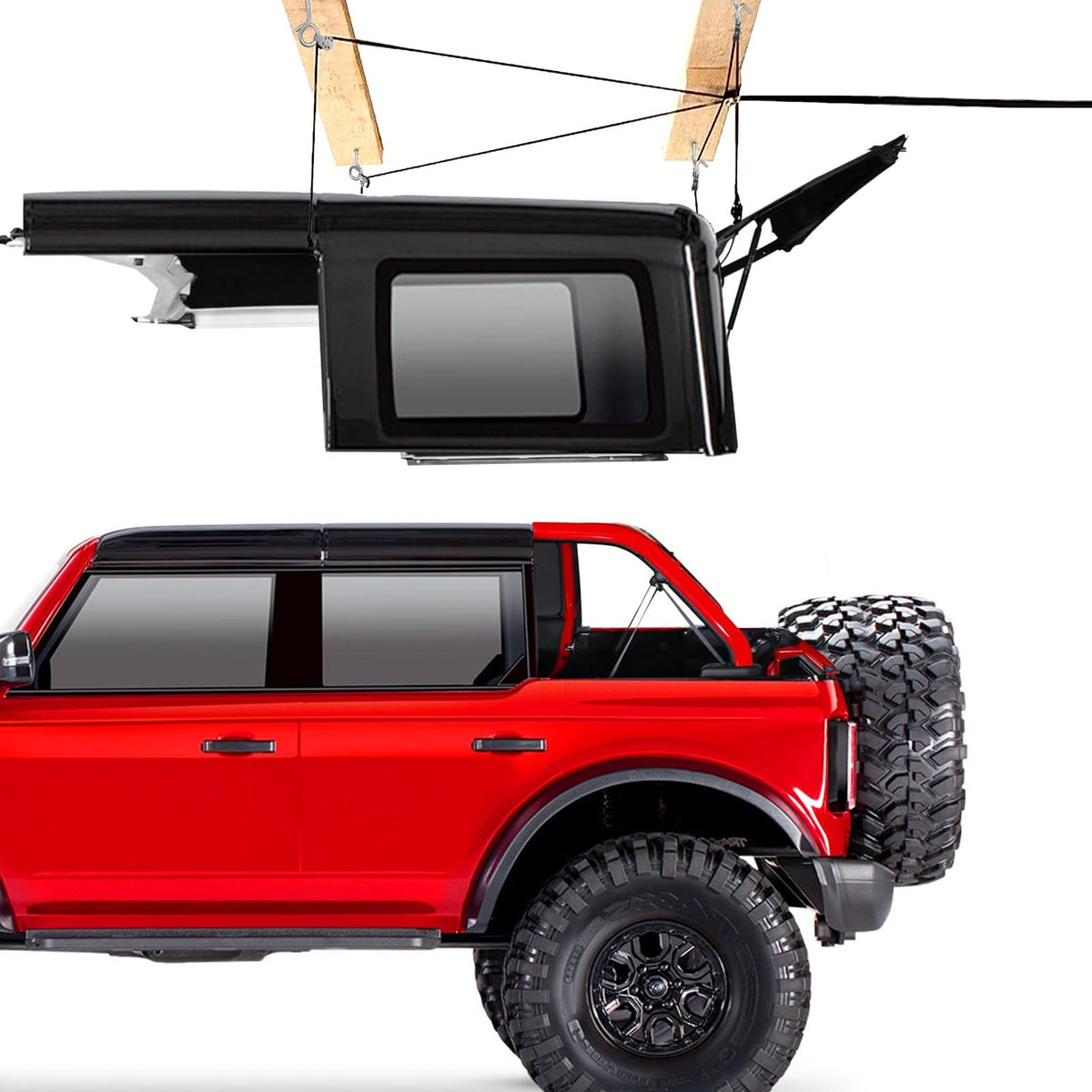 GRERTY hoist front view showing mounted hardtop and organized garage benefit