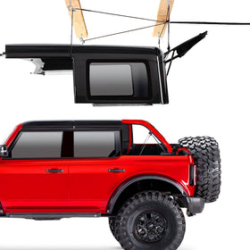 GRERTY hoist front view showing mounted hardtop and organized garage benefit