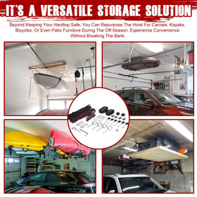 GRERTY hoist holding a kayak showing multi-use storage and convenience benefit