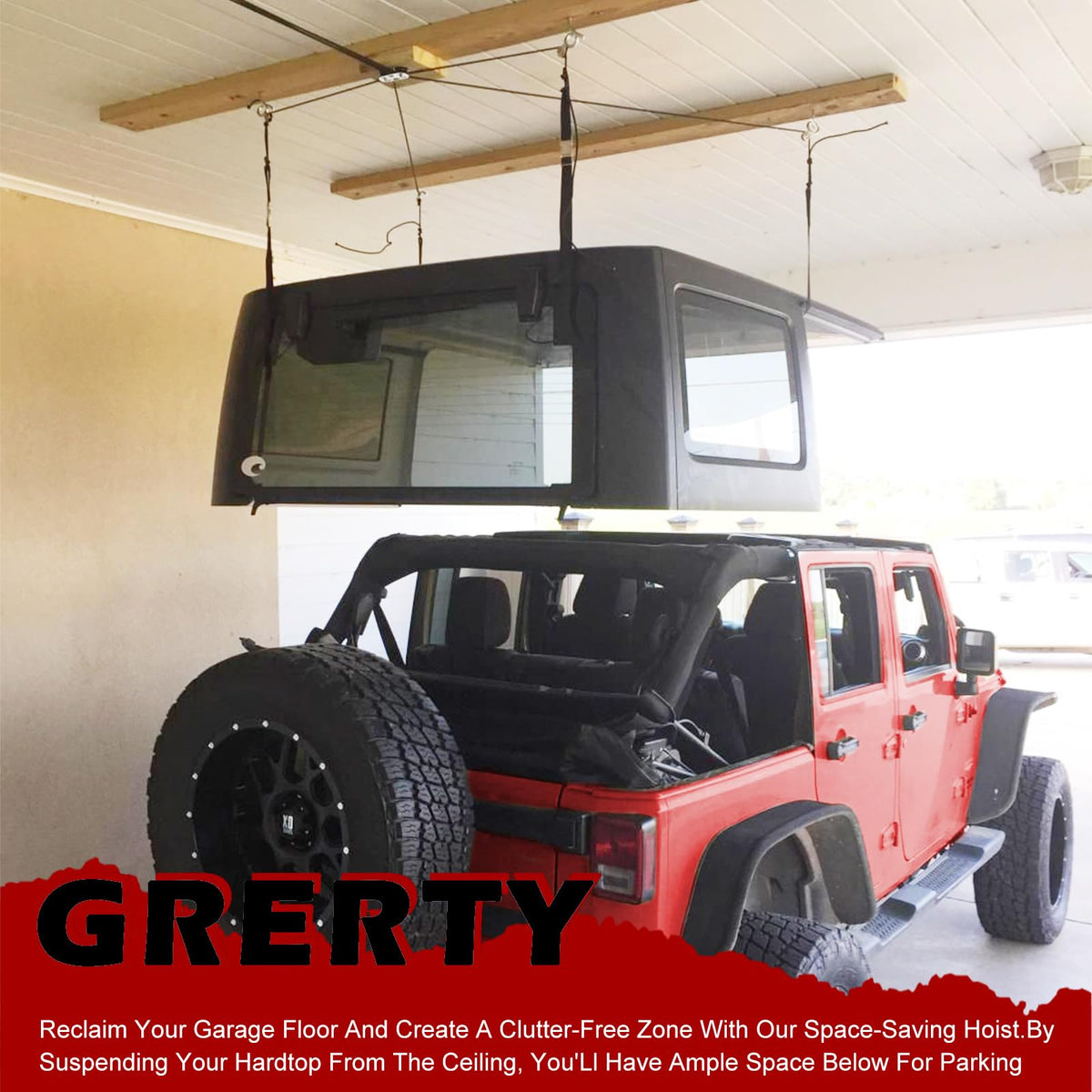 GRERTY hoist beside Jeep showing scale and easier handling benefit