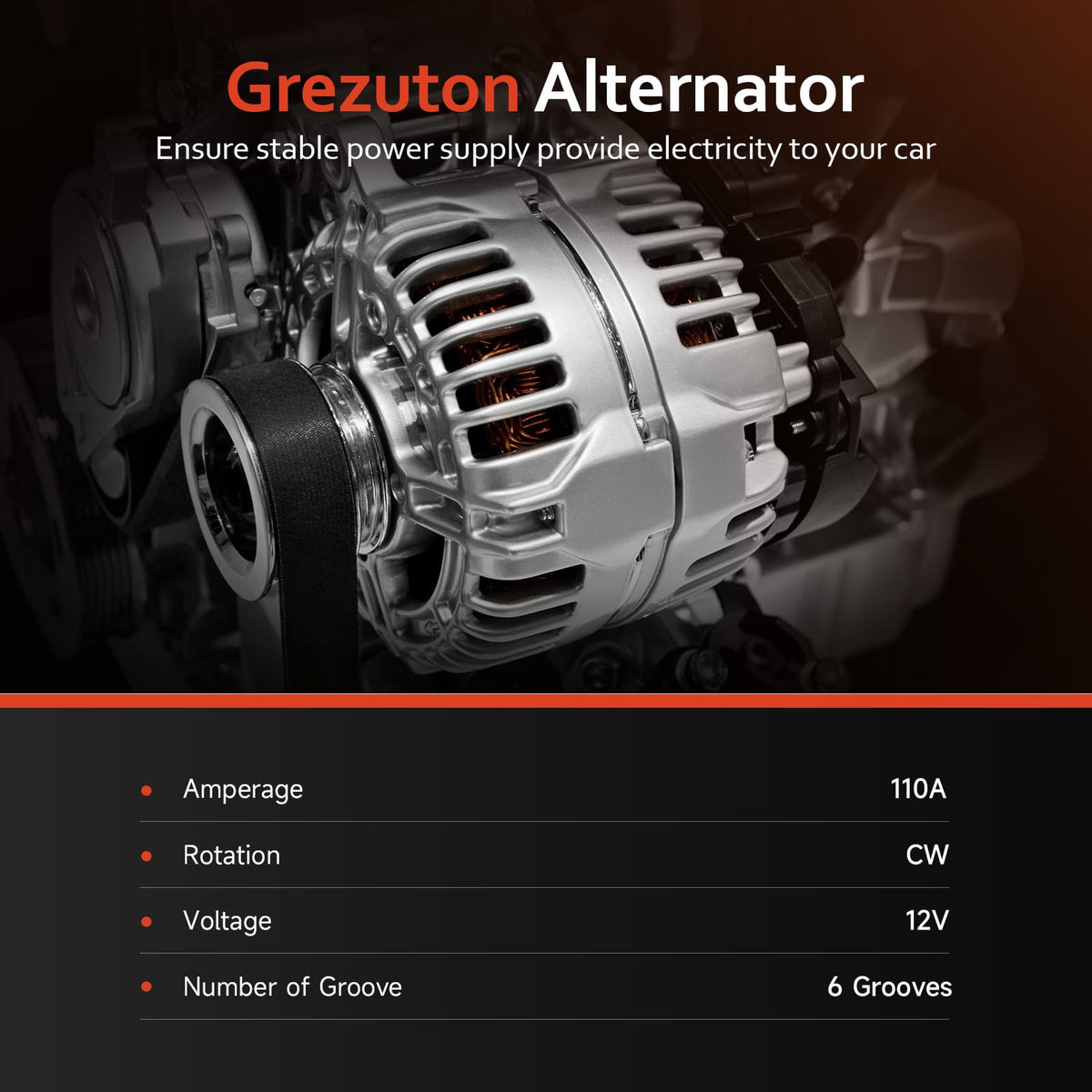 Grezuton alternator 6-groove clutch pulley close-up demonstrating belt compatibility