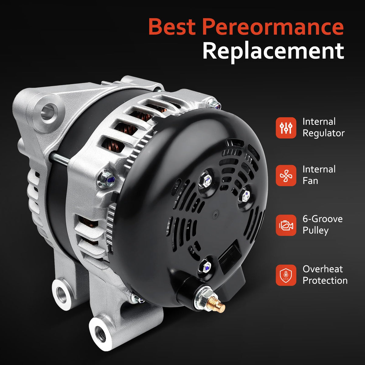 Grezuton alternator next to ruler showing compact size for fit verification