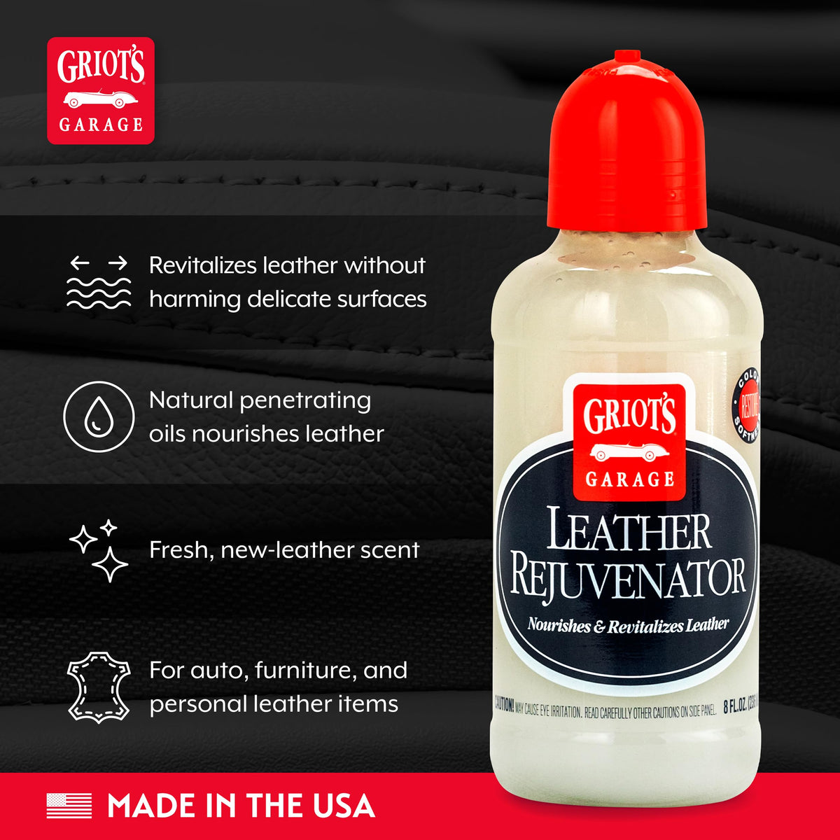 Griot's Garage applicator applying conditioner to car seat, restoring suppleness benefit