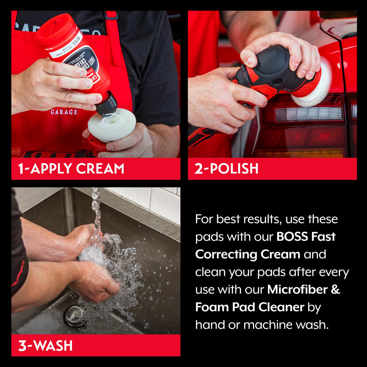 Griot's Garage BOSS 3" pad mounted on polisher correcting mirror area for precise defect removal