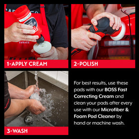 Griot's Garage BOSS 3" pad mounted on polisher correcting mirror area for precise defect removal