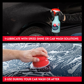 Griot's Garage pad in use on a car door panel for faster paint decontamination