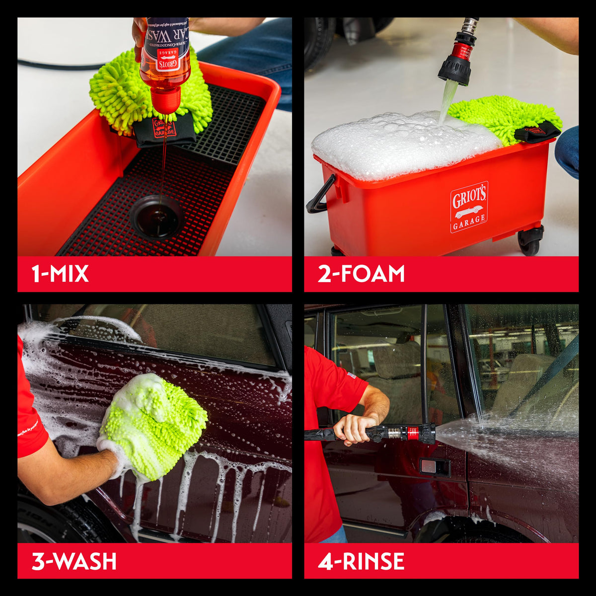 Griot's Garage bucket wash setup with mitt and grit guard, showing gentle, low-scratch washing
