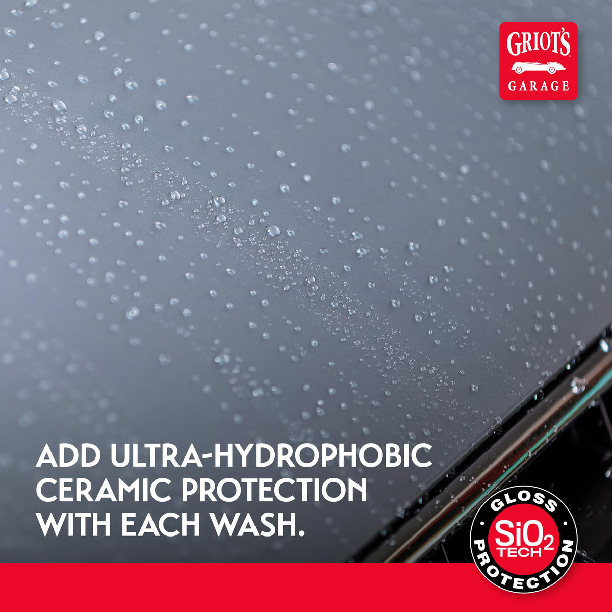 Wet black car surface with strong water beading after Griot's Garage application illustrating hydrophobic finish