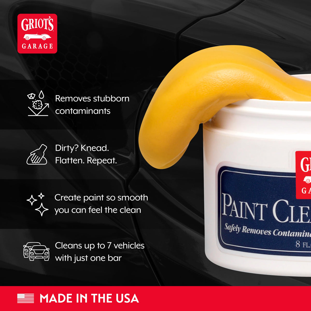 Griot's Garage clay bar in use on car door for removing embedded contaminants