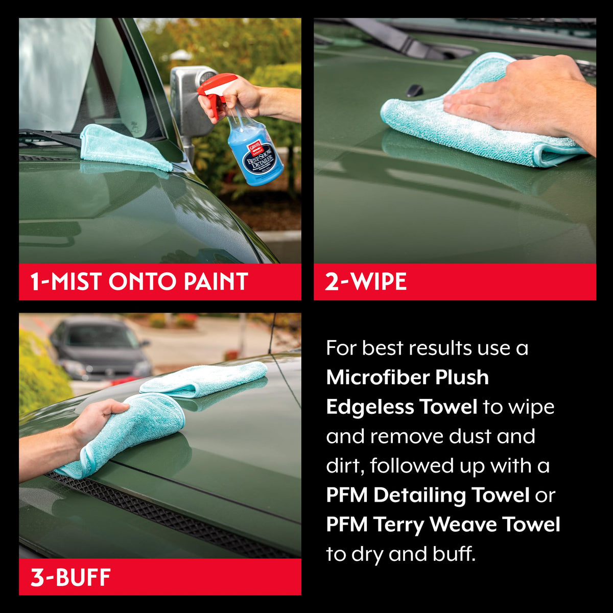 Griot's Garage detailer being wiped from car panel with microfiber for instant gloss