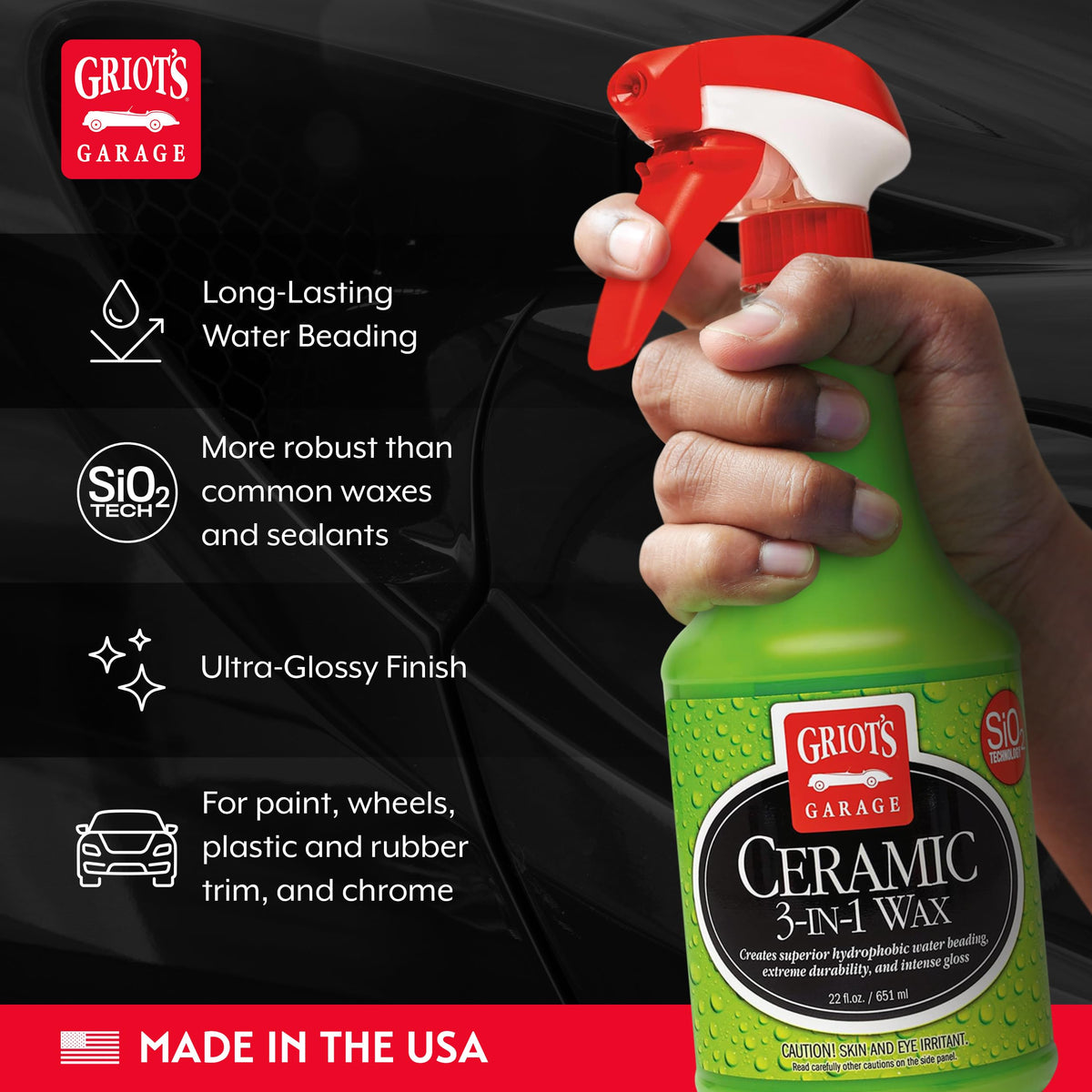 Griot's Garage treated paint panel with deep gloss and water beading protection