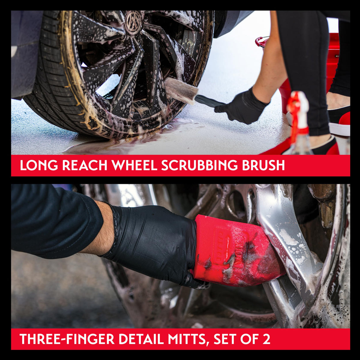 Griot's Garage kit in use scrubbing alloy spokes for thorough cleaning