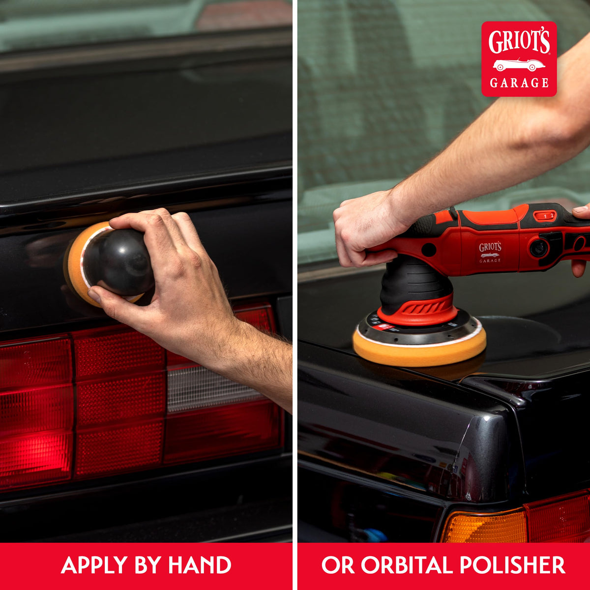 Griot's Garage before and after panel comparison highlighting restored paint depth and gloss
