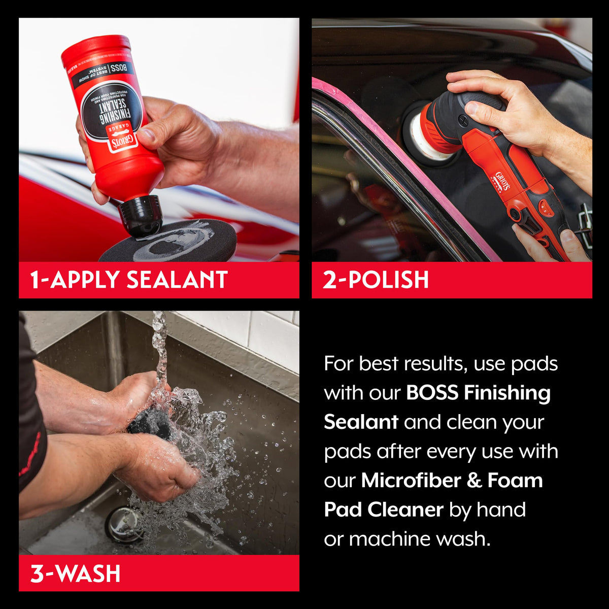 Griot's Garage pad mounted on orbital polisher demonstrating consistent finishing benefit